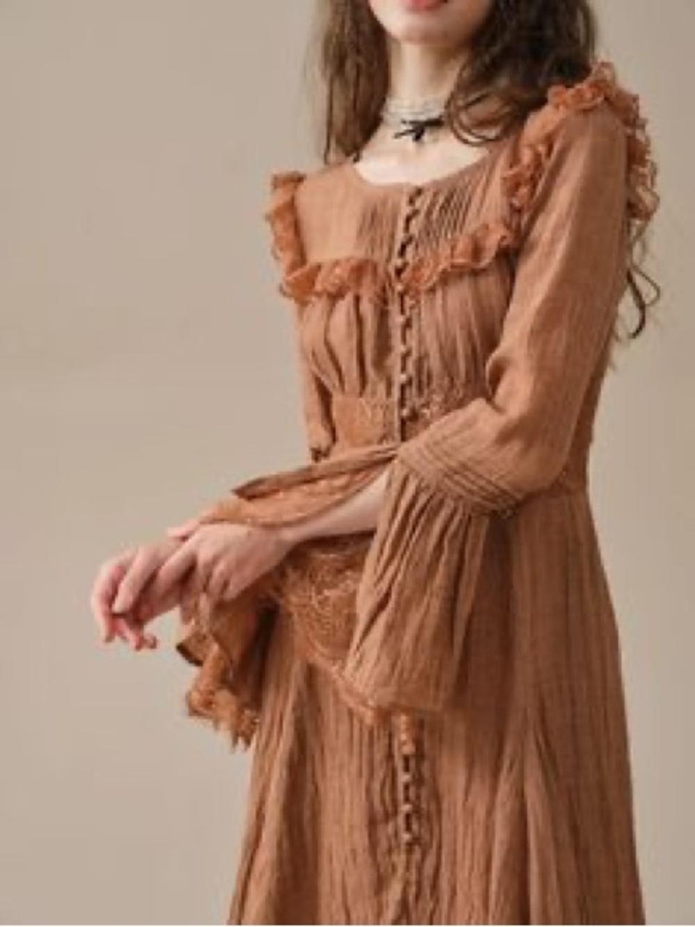 Rare Linennaive Ruffle Linen Corset Lace Long-Sleeve Maxi Dress in Burlywood